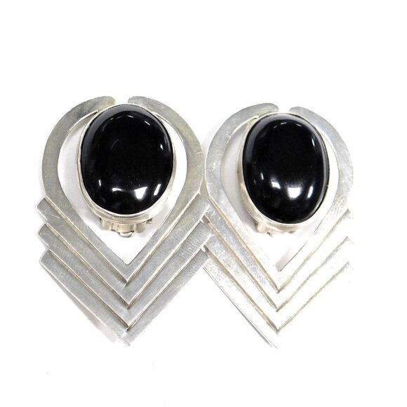 Vintage Modernist 925 Sterling Silver Black Onyx Chevron Earrings, Geometric - Picture 3 of 4